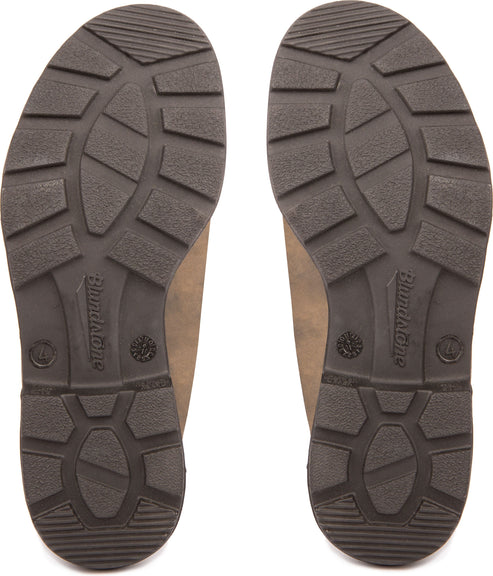 Bottoms of two brown boot soles displaying tread patterns.