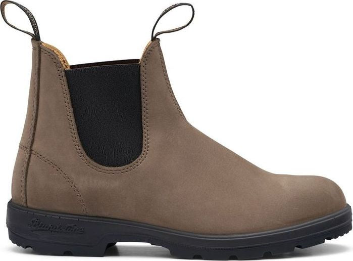 Ankle-high, taupe nubuck boot with black elastic panels on either side and a loop in the back.