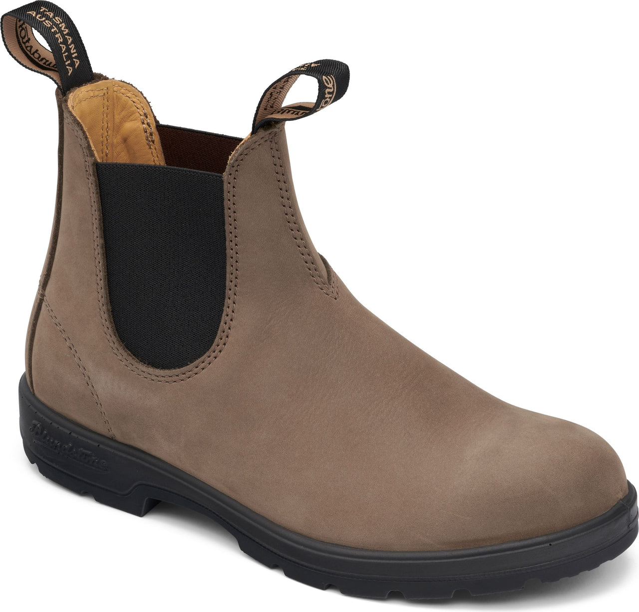 Taupe ankle boot with black elastic side and pull tabs.