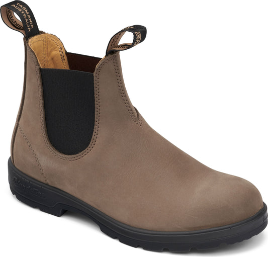 Taupe ankle boot with black elastic side and pull tabs.
