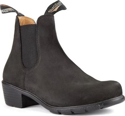 Black suede heeled Chelsea boot with an elastic side panel and pull tabs.