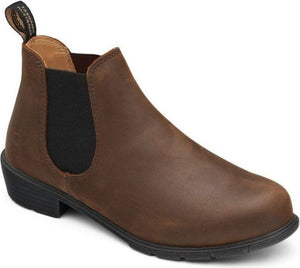 Brown leather ankle boot with elastic side panels.