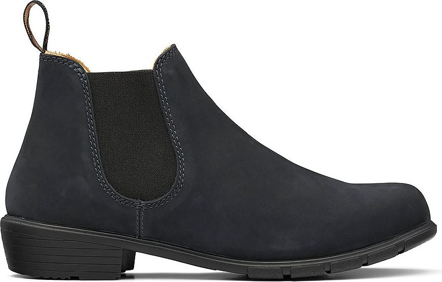 Navy leather Chelsea boot with a low heel and elastic side panels.