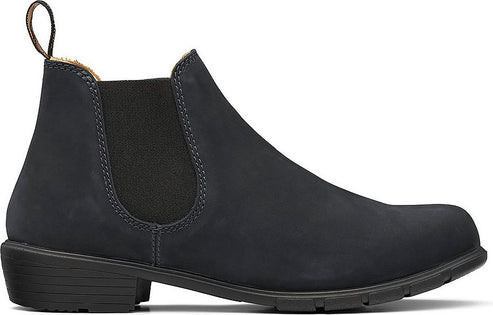 Navy leather Chelsea boot with a low heel and elastic side panels.