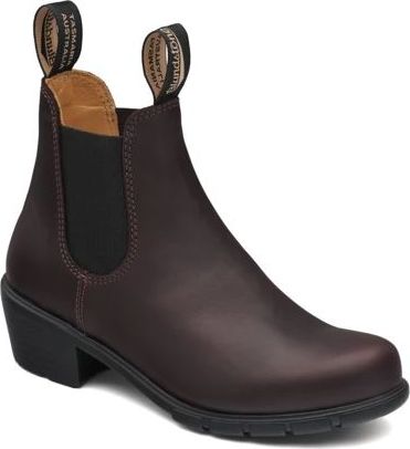 A brown leather ankle boot with a black elastic side panel and a block heel.