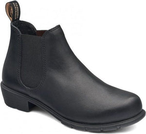 Black leather Chelsea boot with a low heel and elastic side panels.