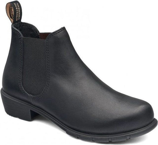 Black leather Chelsea boot with a low heel and elastic side panels.