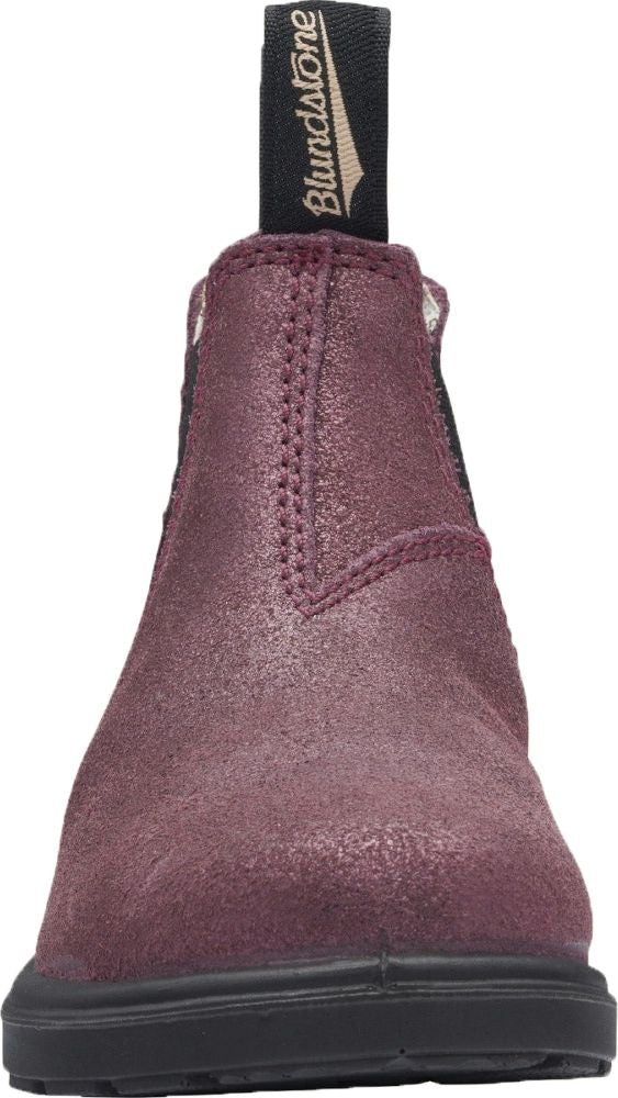Front view of a purple suede ankle boot with a black pull tab.