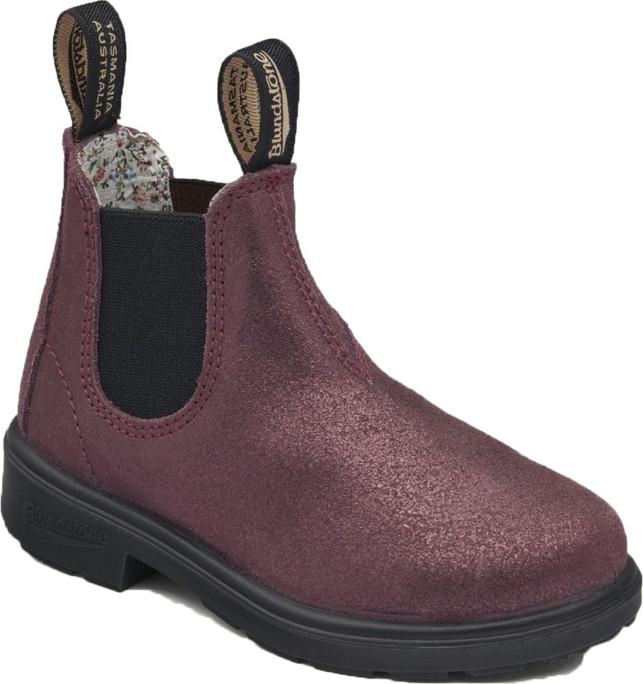 Maroon suede-like ankle boot with black elastic gusset, black sole, and pull tabs
