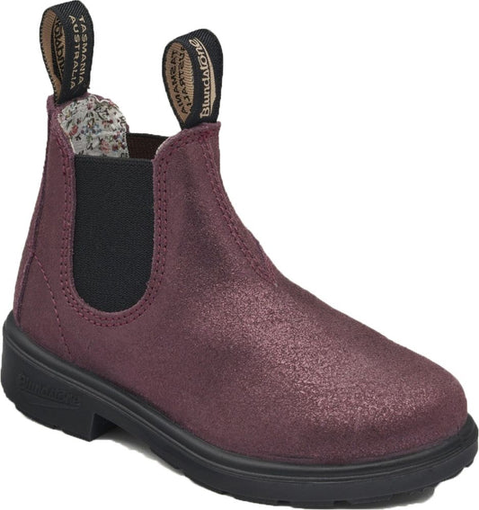 Maroon suede-like ankle boot with black elastic gusset, black sole, and pull tabs