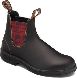 Dark brown leather ankle boot with elastic side panels featuring a red tartan print, double pull tabs, and black lug sole.