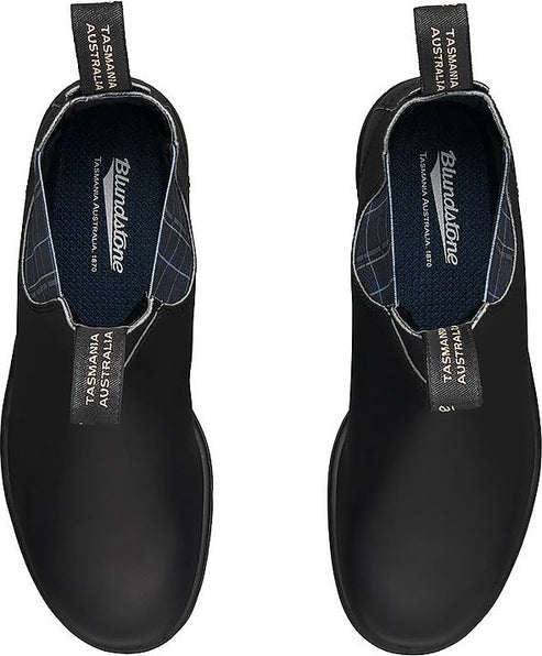 Top-down view of two black slip-on boots, showing elastic side panels with a plaid pattern, and labeled pull tabs.