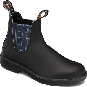 Black Chelsea boot with plaid lining and pull loops.