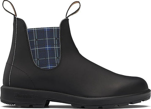 Black leather chelsea boot with plaid elastic side panel.