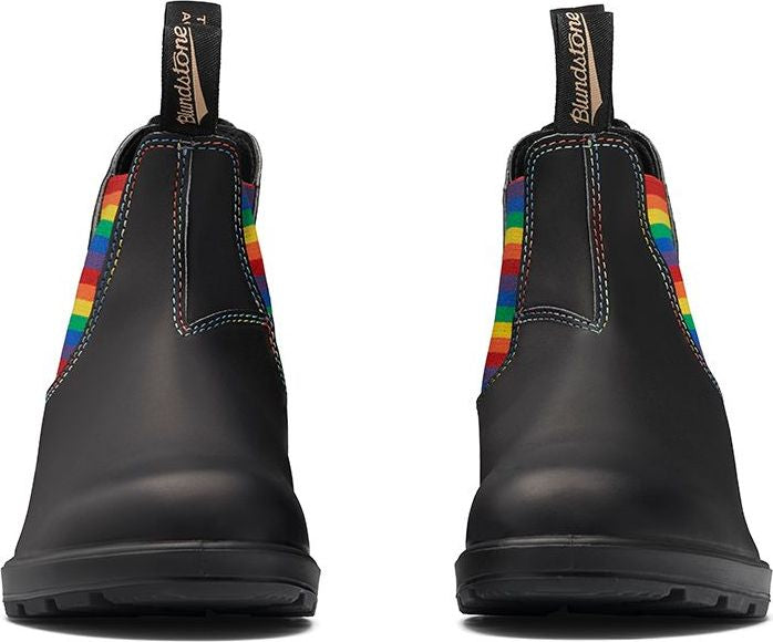 Front view of black ankle-high boots with rainbow elastic side panels and pull loops.