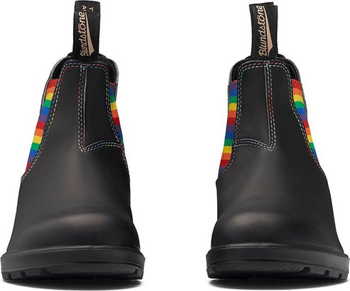 Front view of black ankle-high boots with rainbow elastic side panels and pull loops.