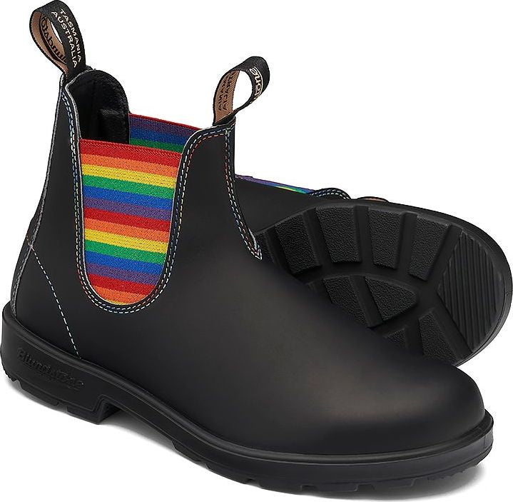 Black Chelsea boots with a rainbow elastic band.