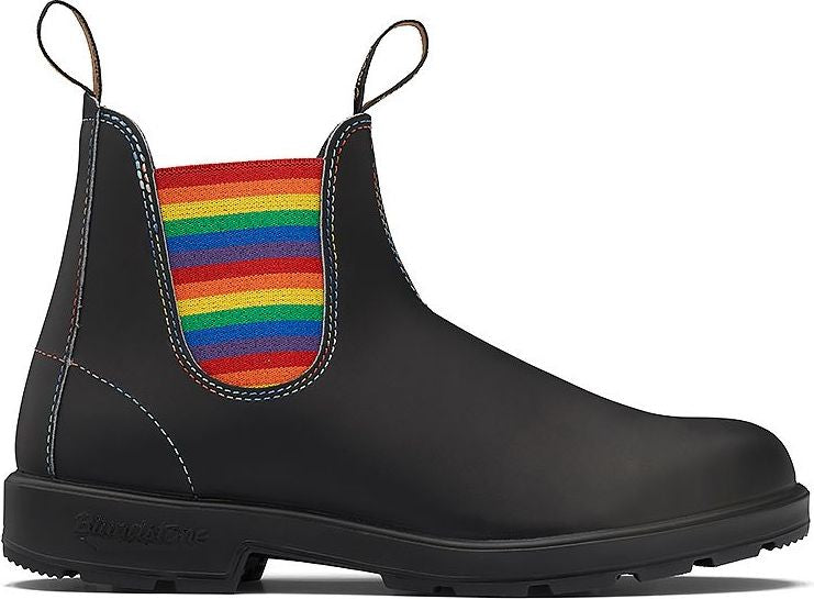 Black leather Chelsea boot with rainbow elastic side panel and pull tabs.