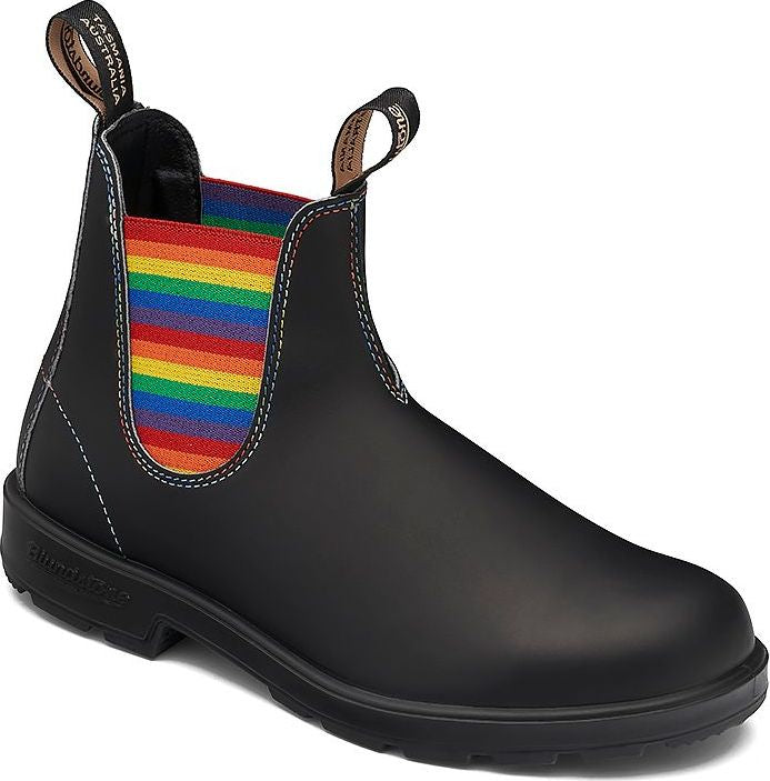 Black boot with rainbow stripe inner lining and pull tabs.