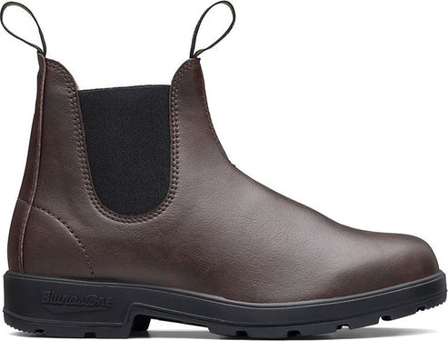 Brown leather Chelsea boot with black elastic side panels and pull loops.