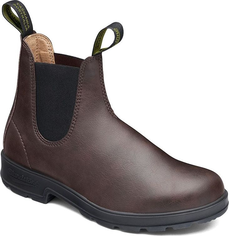 Brown leather Chelsea boot with black elastic side panels and pull tabs.