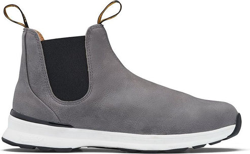 Gray ankle boot with black elastic side panels, a white midsole, and black sole.