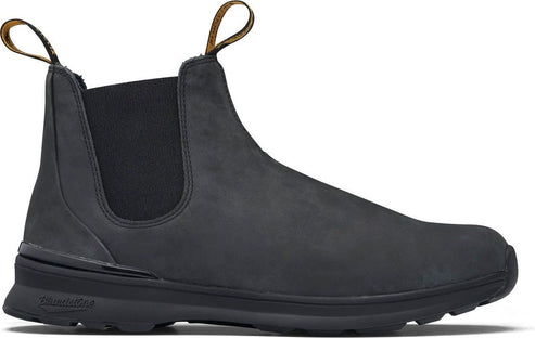 Dark gray Chelsea boot with black elastic side and pull tabs.