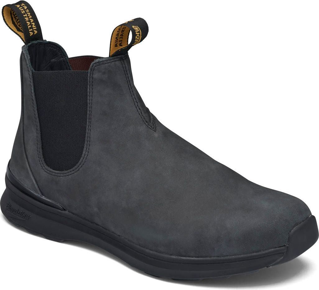 Charcoal gray ankle boot with black elastic side panels and pull tabs.
