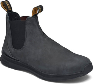 Charcoal gray ankle boot with black elastic side panels and pull tabs.