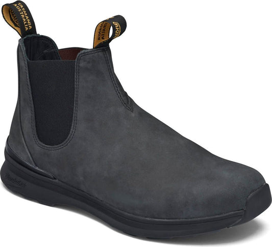 Charcoal gray ankle boot with black elastic side panels and pull tabs.