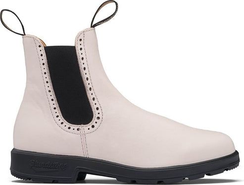 Ankle-high, off-white, slip-on boot with black elastic panels on both sides, decorative perforations around the elastic, and a black sole.