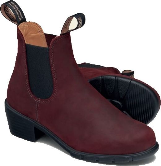 Pair of dark-red leather Chelsea boots with black elastic side panels and block heels.