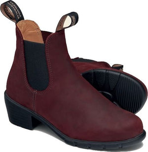Pair of dark-red leather Chelsea boots with black elastic side panels and block heels.
