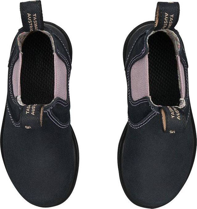 Overhead view of two black leather Chelsea boots with elastic side panels and fabric pull tabs.