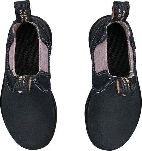 Overhead view of two black leather Chelsea boots with elastic side panels and fabric pull tabs.