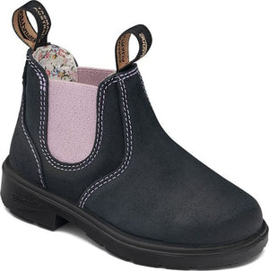 Ankle-high black nubuck leather boot with light pink elastic sides, white stitching, black sole, and floral fabric lining.