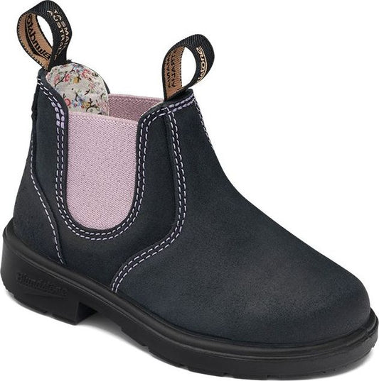 Ankle-high black nubuck leather boot with light pink elastic sides, white stitching, black sole, and floral fabric lining.
