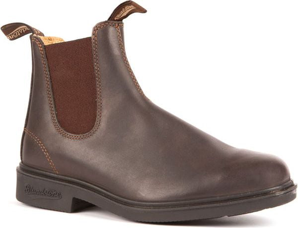 Brown leather Chelsea boot with elastic side panels and pull tabs.