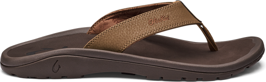 A brown leather sandal with a rubber sole.