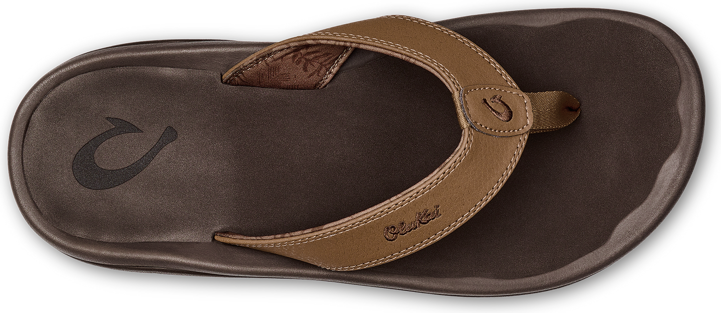A brown sandal with a light brown strap.