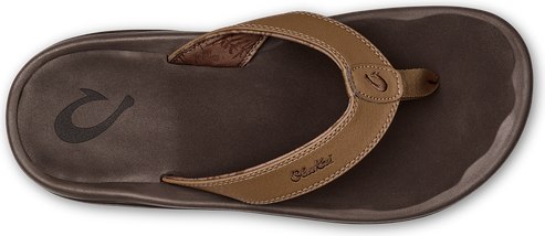 A brown sandal with a light brown strap.