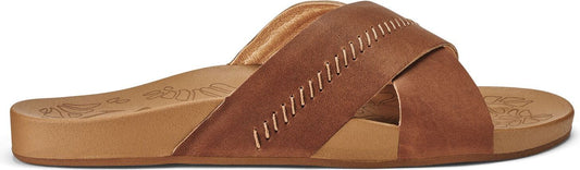 Brown leather criss-cross slide sandal with visible stitching.