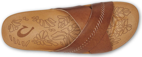 Brown sandal with decorative cross strap and patterned insole.