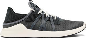 A gray athletic shoe with white laces and a white sole.