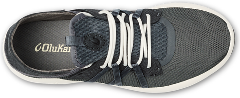 Gray OluKai lace-up shoe with white laces.