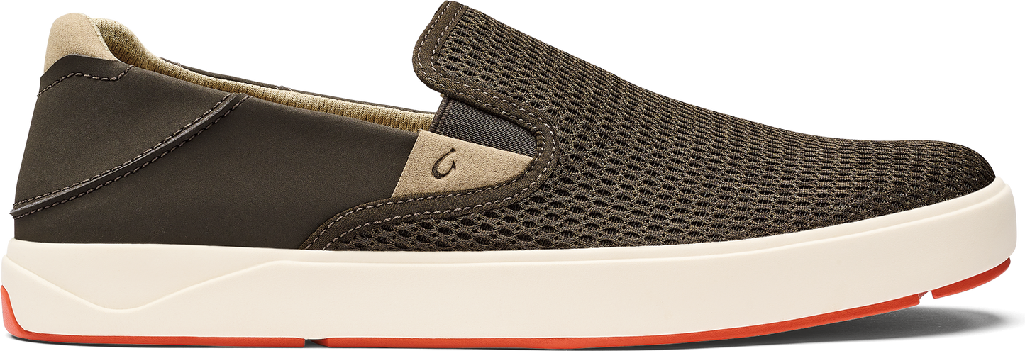 Olive green mesh slip-on shoe with a white sole.