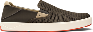 Olive green mesh slip-on shoe with a white sole.