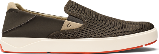 Olive green mesh slip-on shoe with a white sole.