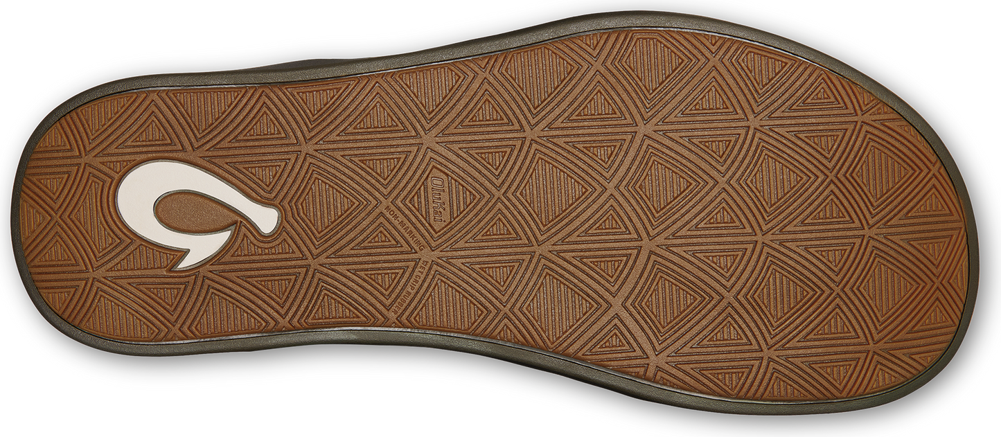 Brown shoe sole with triangular pattern and white hook-shaped logo.