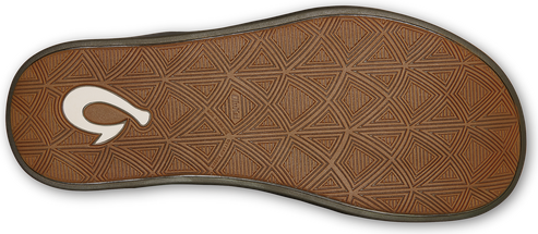 Brown shoe sole with triangular pattern and white hook-shaped logo.